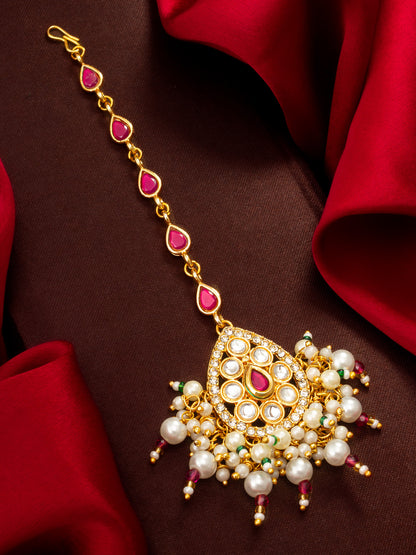 Aadita Gold Plated Ruby Teardrop Chain Mangtika with Kundan Triangle Pendant and Pearl Cluster Fringe