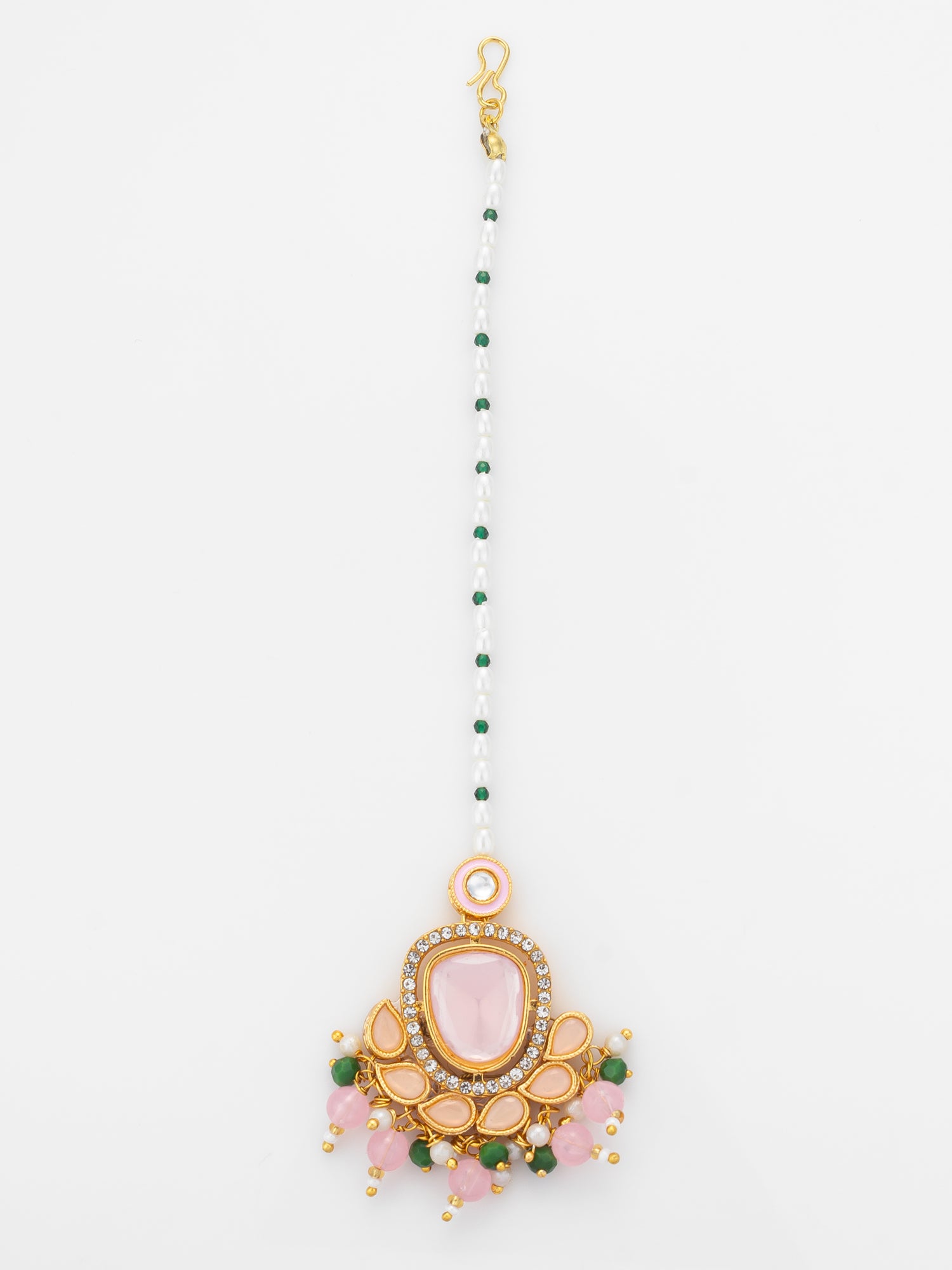 Aadita Gold Plated Large Pink Kundan Pendant Mangtika with Pearl and Green Bead Chain