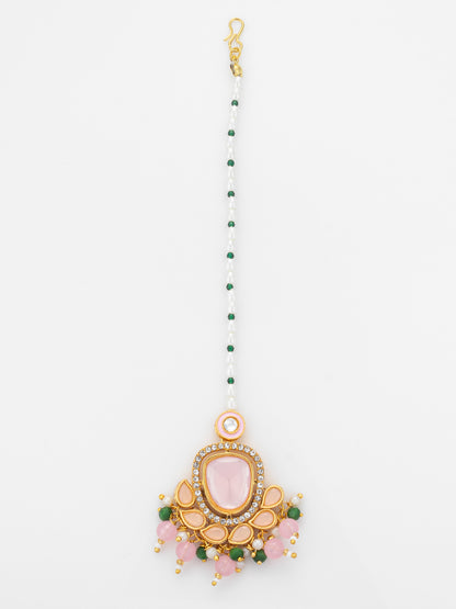 Aadita Gold Plated Large Pink Kundan Pendant Mangtika with Pearl and Green Bead Chain