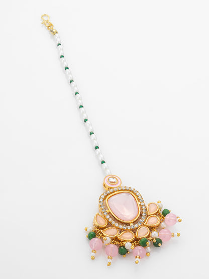 Aadita Gold Plated Large Pink Kundan Pendant Mangtika with Pearl and Green Bead Chain