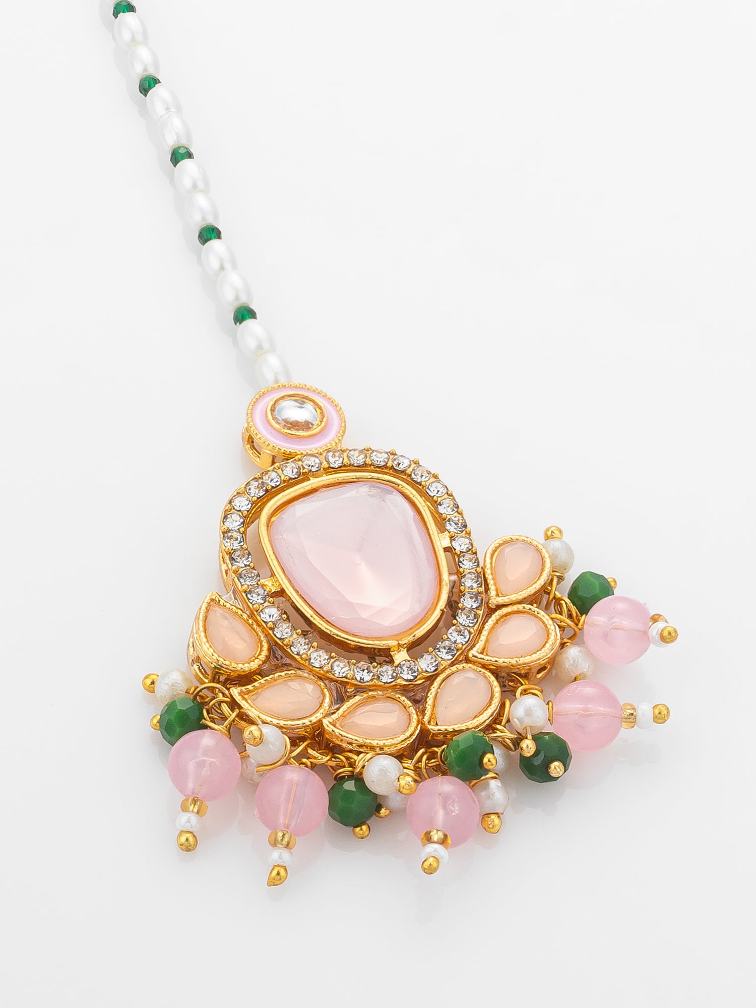 Aadita Gold Plated Large Pink Kundan Pendant Mangtika with Pearl and Green Bead Chain