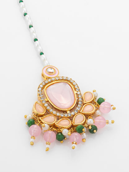 Aadita Gold Plated Large Pink Kundan Pendant Mangtika with Pearl and Green Bead Chain