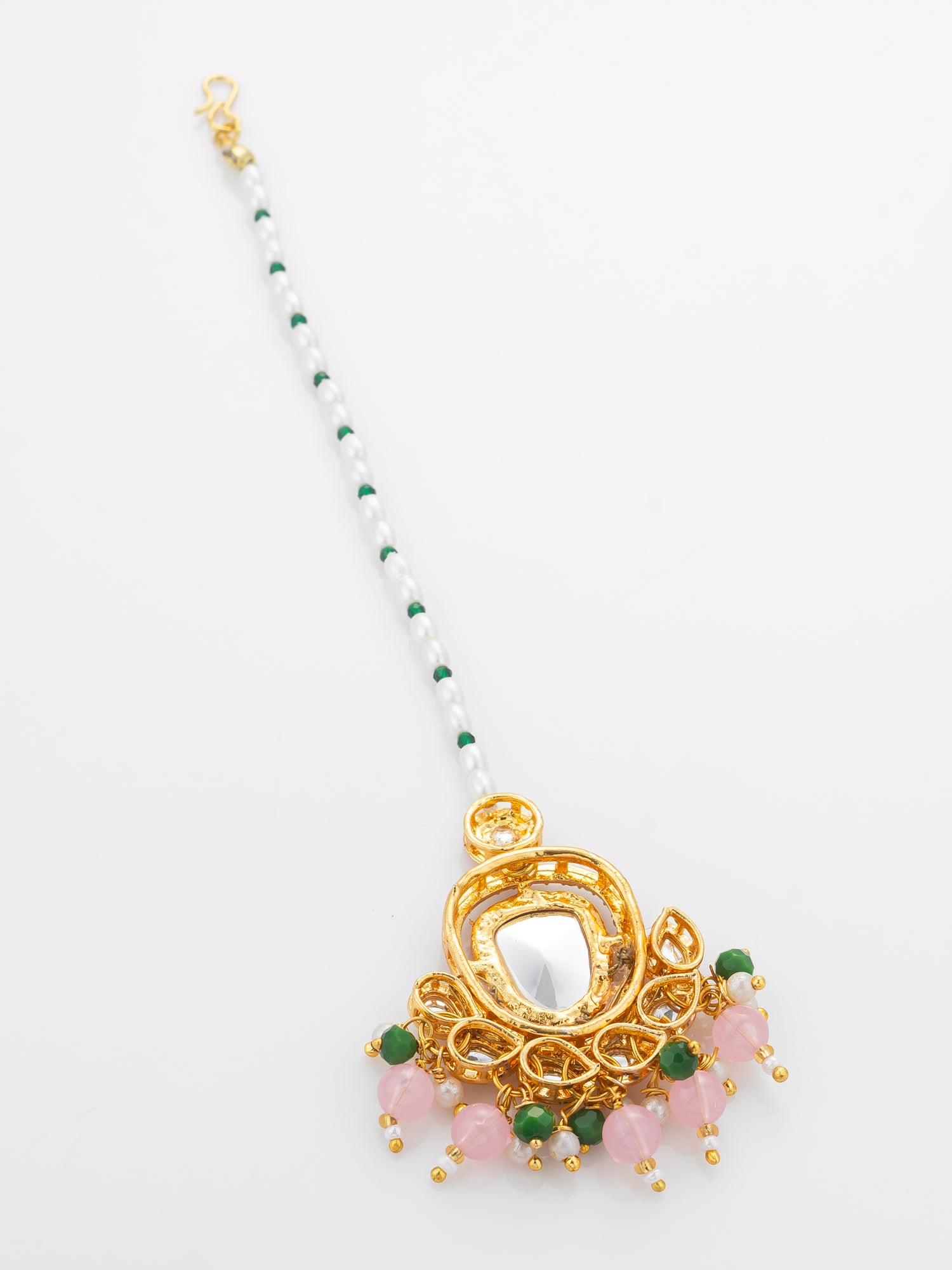 Aadita Gold Plated Large Pink Kundan Pendant Mangtika with Pearl and Green Bead Chain