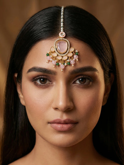 Aadita Gold Plated Large Pink Kundan Pendant Mangtika with Pearl and Green Bead Chain