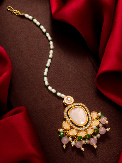 Aadita Gold Plated Large Pink Kundan Pendant Mangtika with Pearl and Green Bead Chain