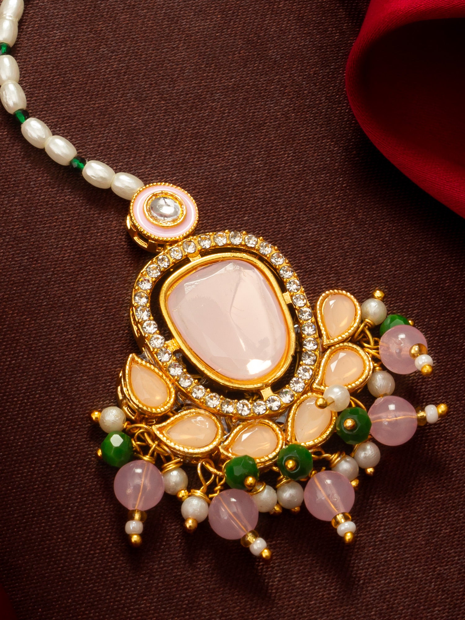 Aadita Gold Plated Large Pink Kundan Pendant Mangtika with Pearl and Green Bead Chain
