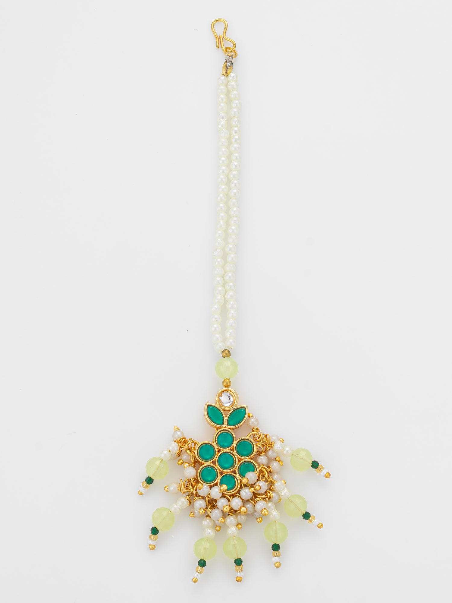 Aadita Gold Plated Teal Kundan Mangtika with Lime Bead Chain and Pearl Fringe