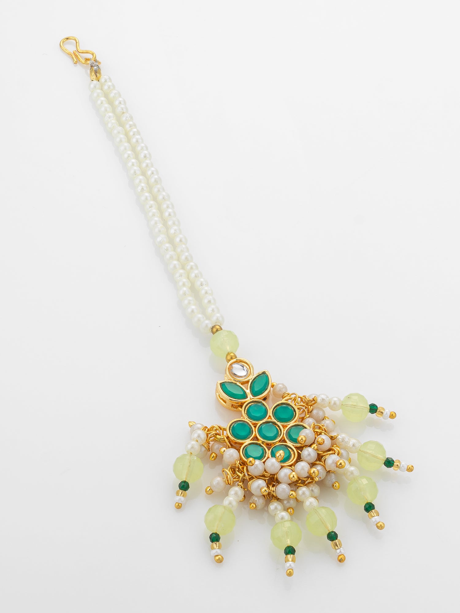 Aadita Gold Plated Teal Kundan Mangtika with Lime Bead Chain and Pearl Fringe