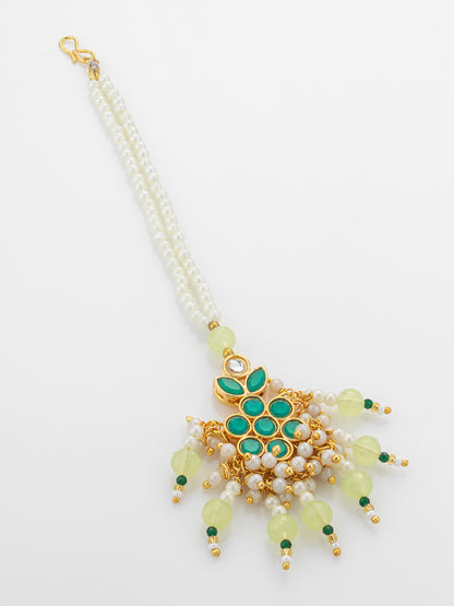 Aadita Gold Plated Teal Kundan Mangtika with Lime Bead Chain and Pearl Fringe