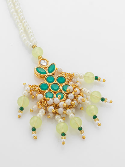 Aadita Gold Plated Teal Kundan Mangtika with Lime Bead Chain and Pearl Fringe