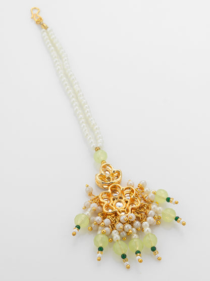 Aadita Gold Plated Teal Kundan Mangtika with Lime Bead Chain and Pearl Fringe