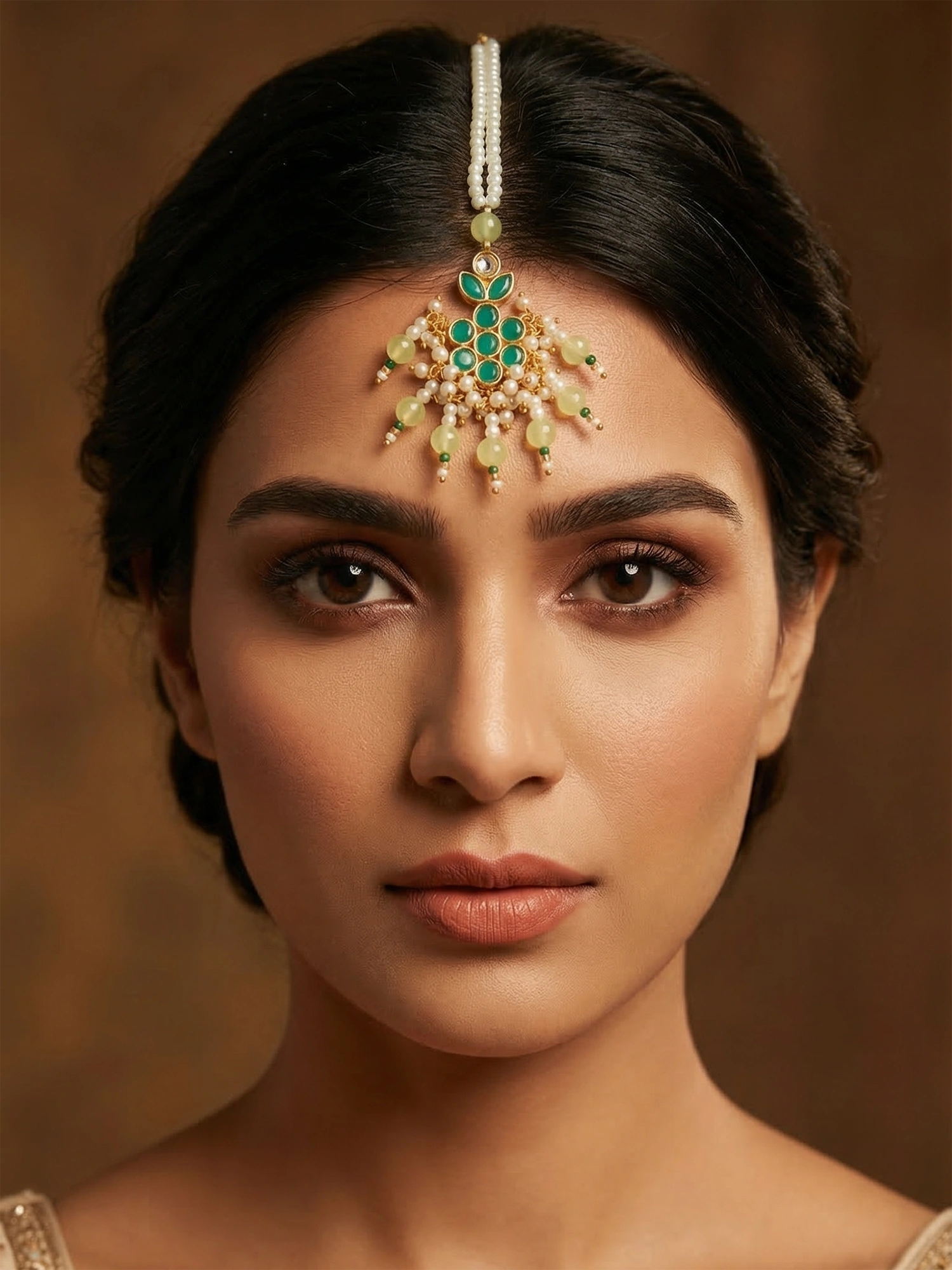 Aadita Gold Plated Teal Kundan Mangtika with Lime Bead Chain and Pearl Fringe