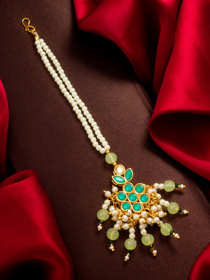 Aadita Gold Plated Teal Kundan Mangtika with Lime Bead Chain and Pearl Fringe