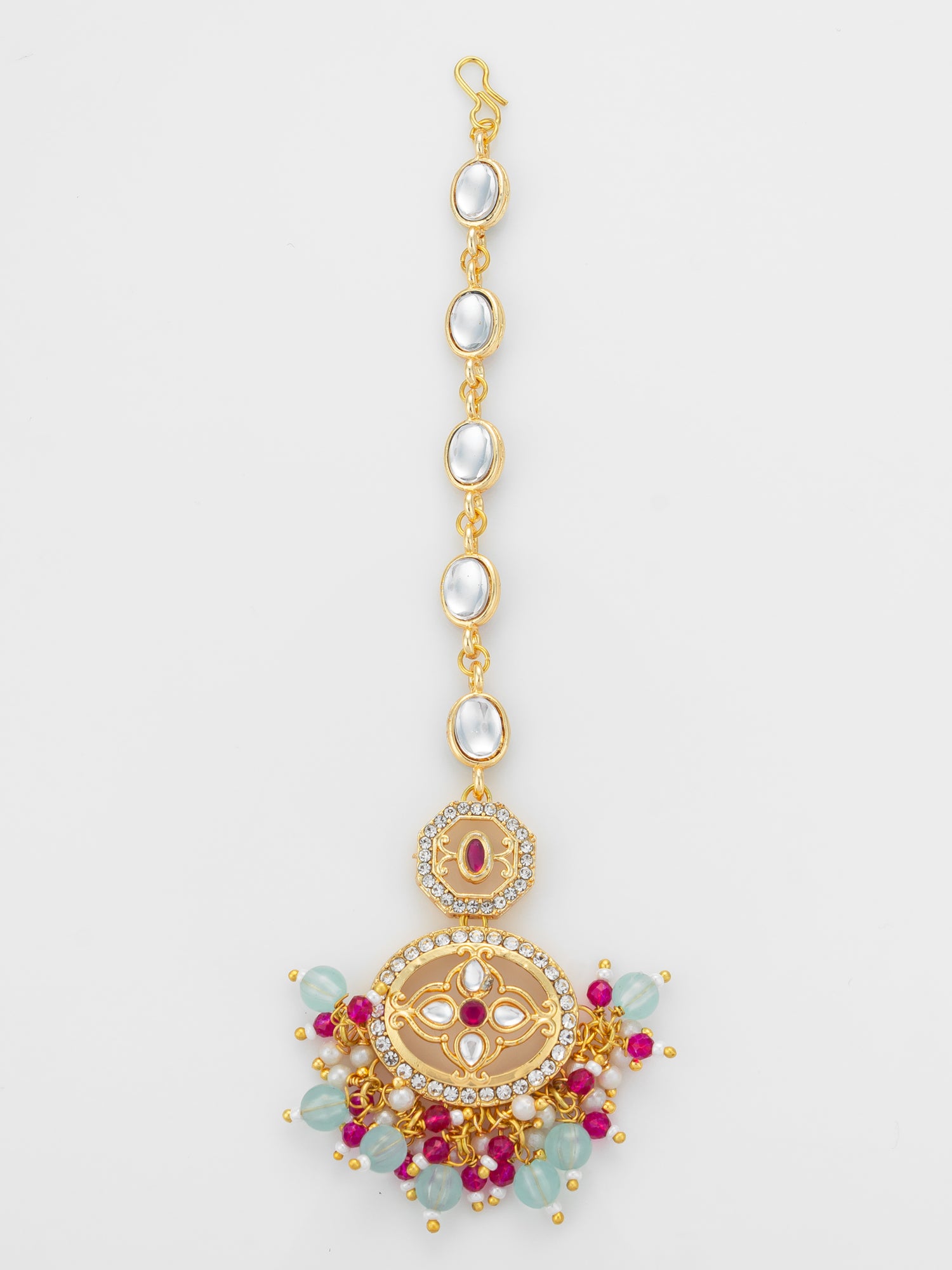 Aadita Gold Plated Oval Kundan Chain Mangtika with Double Disc Pendant and Mixed Bead Fringe