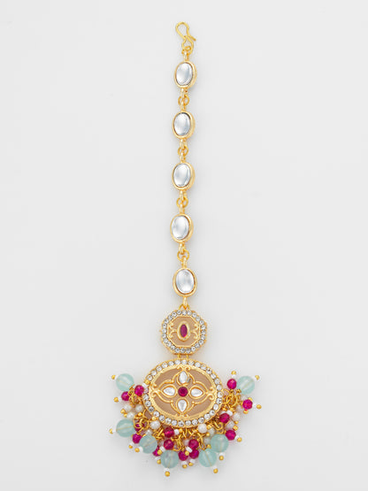 Aadita Gold Plated Oval Kundan Chain Mangtika with Double Disc Pendant and Mixed Bead Fringe