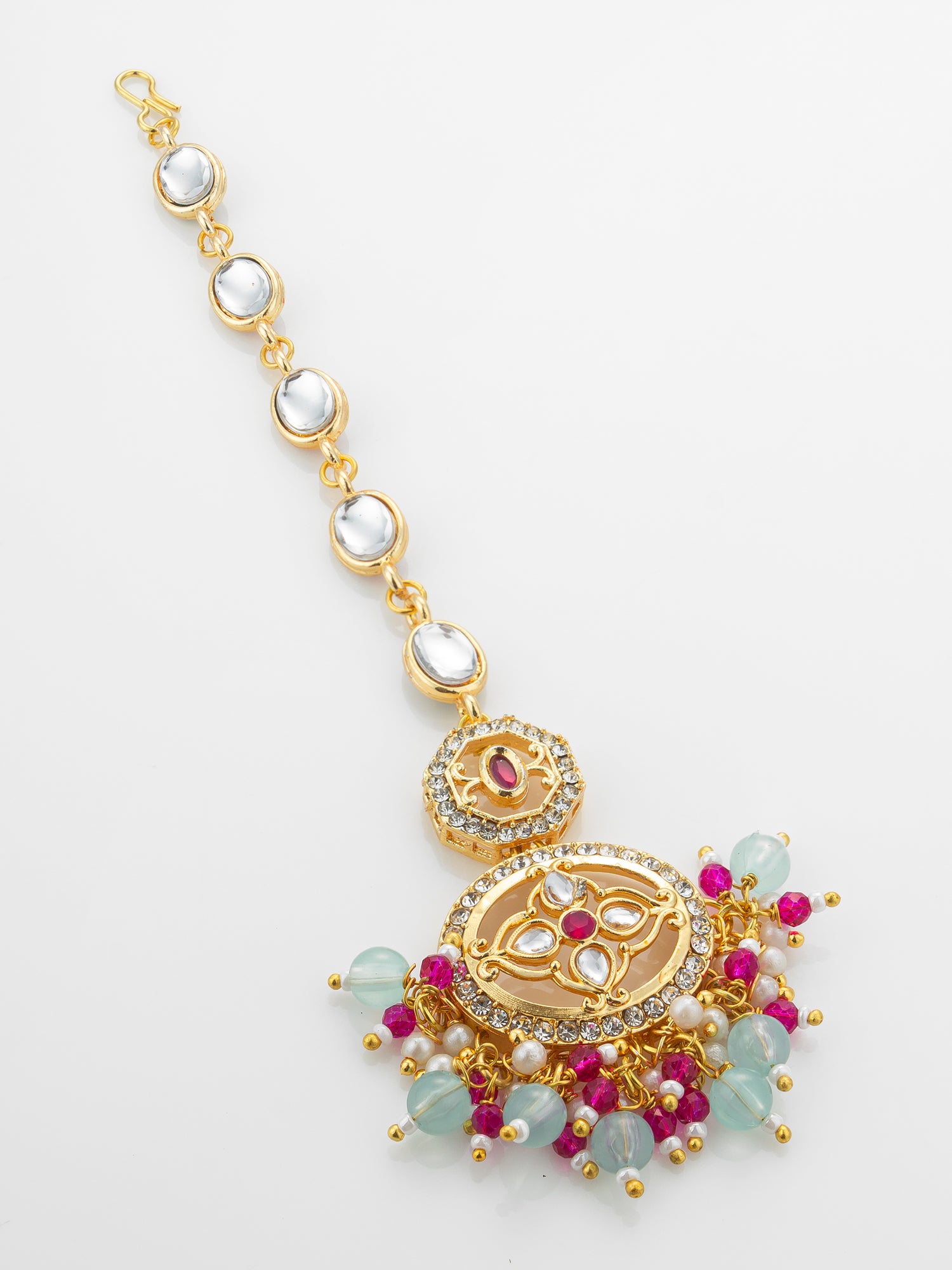 Aadita Gold Plated Oval Kundan Chain Mangtika with Double Disc Pendant and Mixed Bead Fringe
