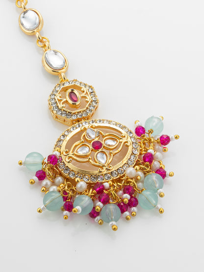 Aadita Gold Plated Oval Kundan Chain Mangtika with Double Disc Pendant and Mixed Bead Fringe