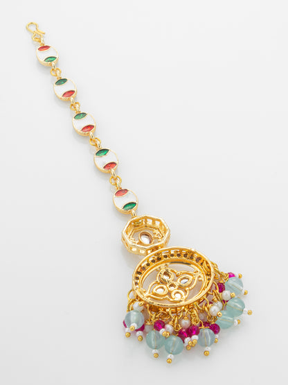 Aadita Gold Plated Oval Kundan Chain Mangtika with Double Disc Pendant and Mixed Bead Fringe