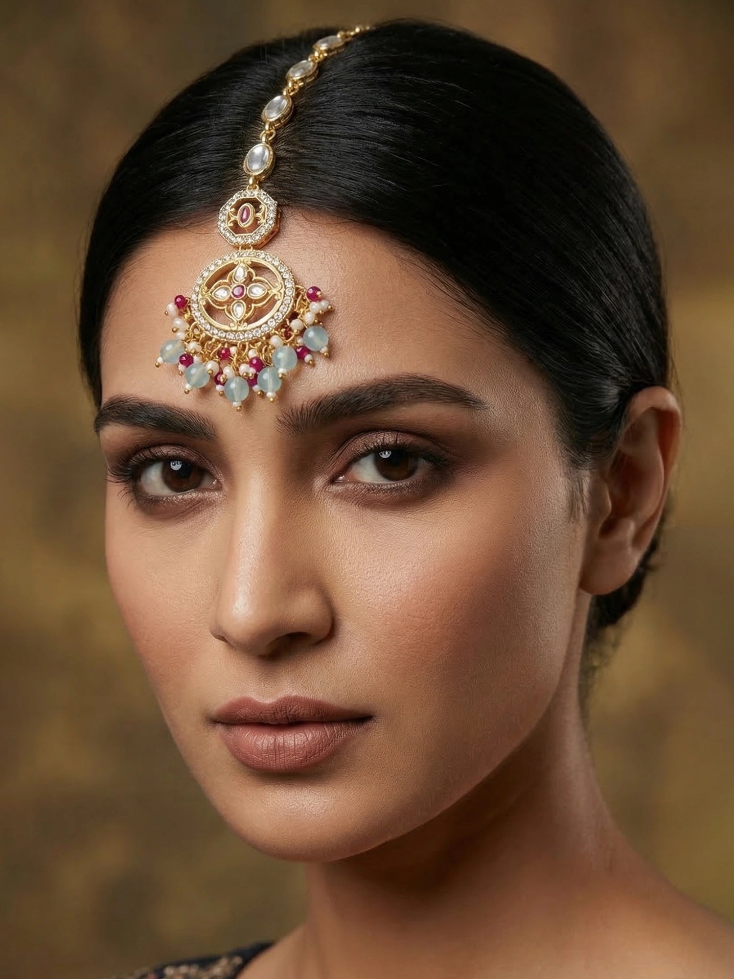 Aadita Gold Plated Oval Kundan Chain Mangtika with Double Disc Pendant and Mixed Bead Fringe