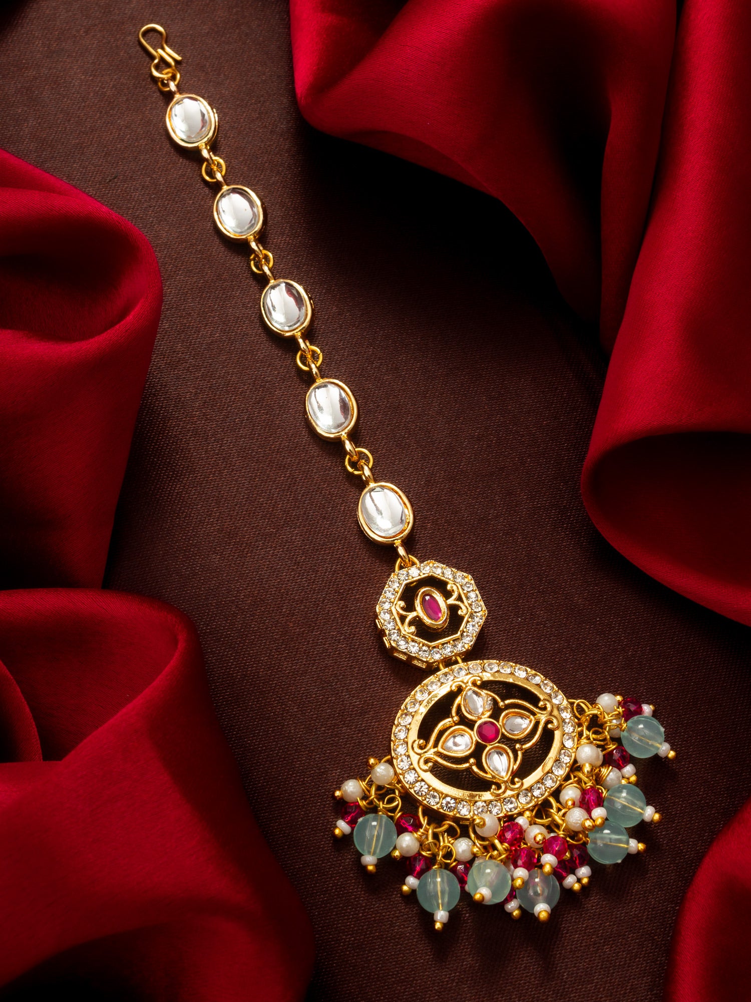 Aadita Gold Plated Oval Kundan Chain Mangtika with Double Disc Pendant and Mixed Bead Fringe