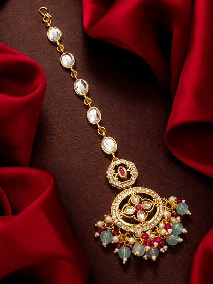Aadita Gold Plated Oval Kundan Chain Mangtika with Double Disc Pendant and Mixed Bead Fringe