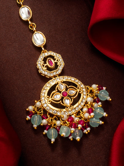 Aadita Gold Plated Oval Kundan Chain Mangtika with Double Disc Pendant and Mixed Bead Fringe