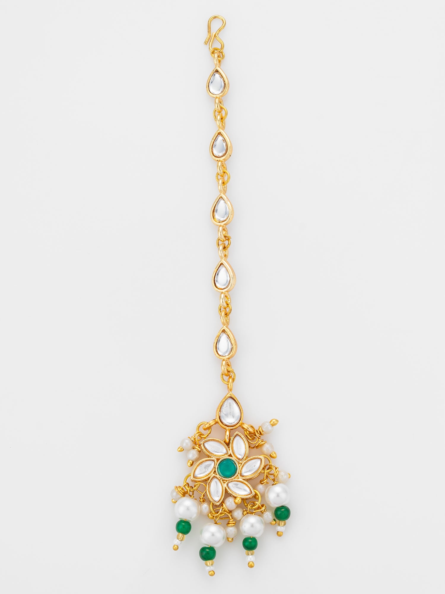 Aadita Gold Plated Teardrop Kundan Chain Mangtika with Flower Pendant and Green Pearl Drops