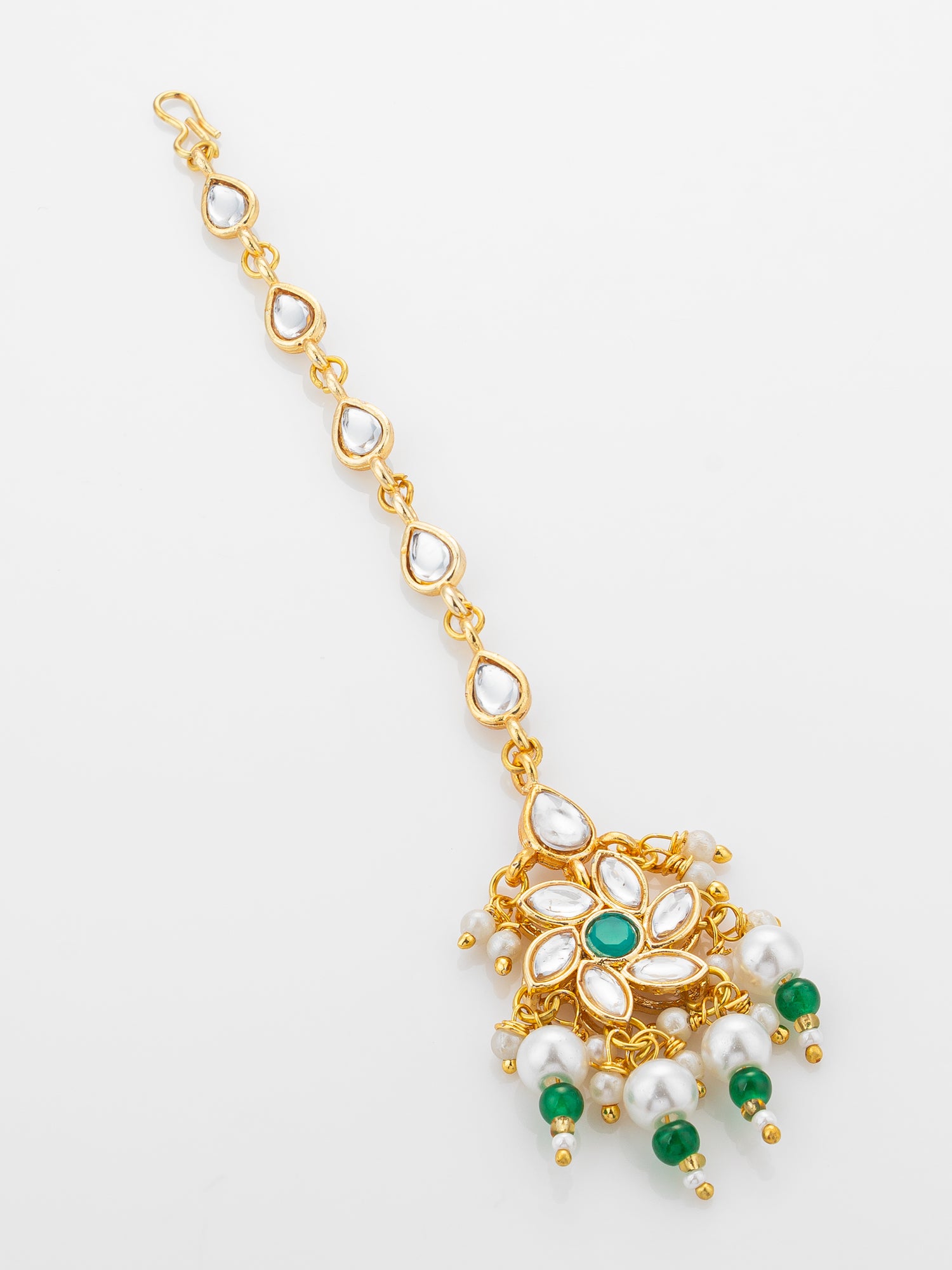 Aadita Gold Plated Teardrop Kundan Chain Mangtika with Flower Pendant and Green Pearl Drops