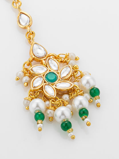 Aadita Gold Plated Teardrop Kundan Chain Mangtika with Flower Pendant and Green Pearl Drops