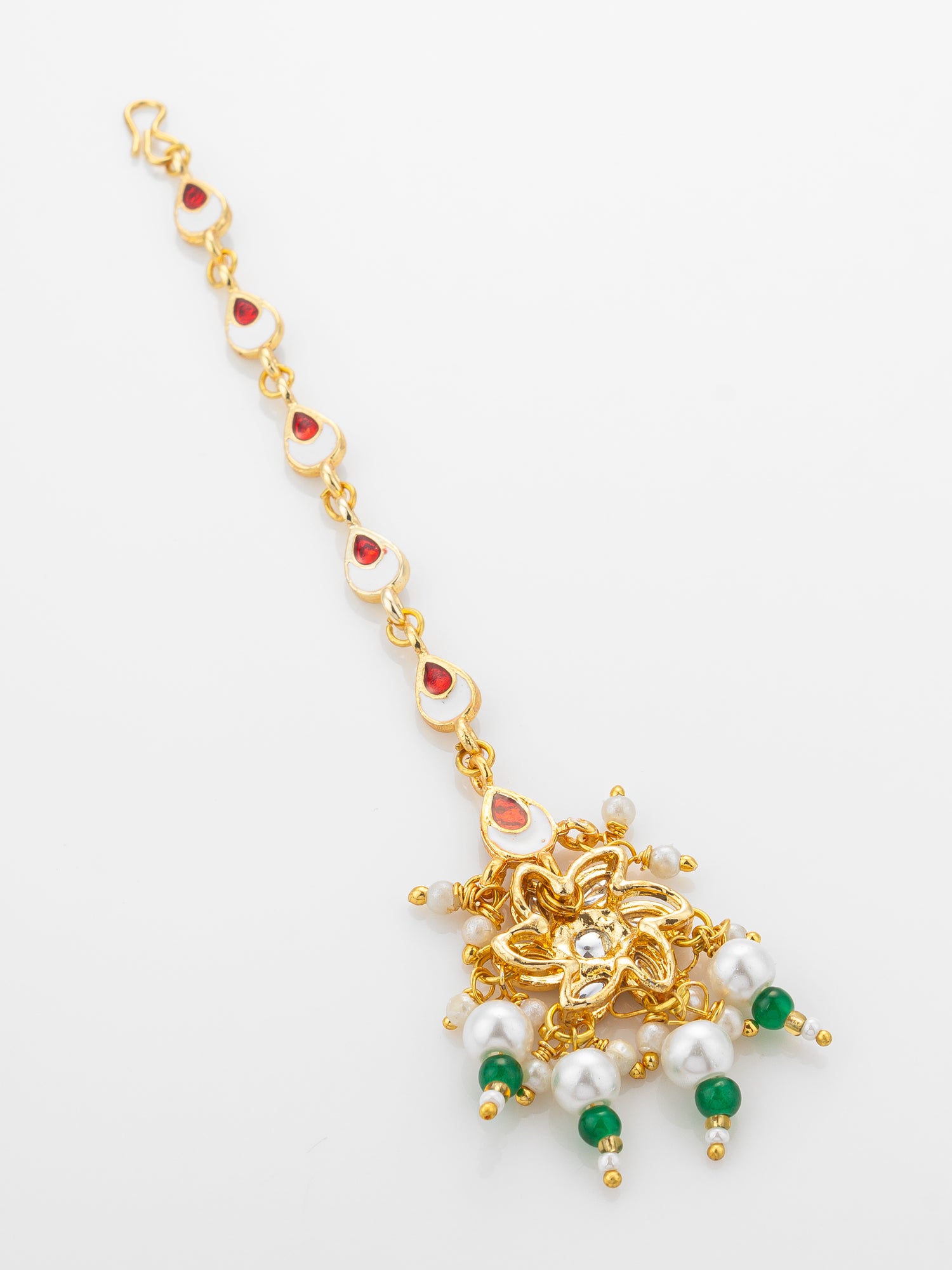 Aadita Gold Plated Teardrop Kundan Chain Mangtika with Flower Pendant and Green Pearl Drops