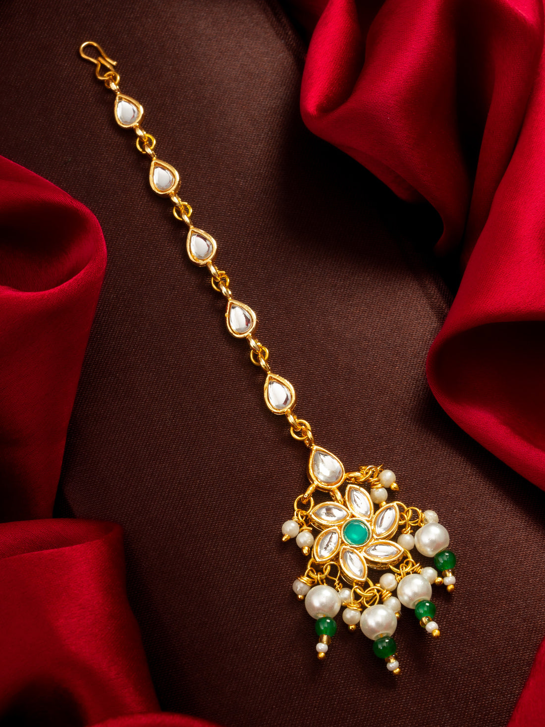 Gold Plated Kundan Mangtika with Flower Pendant and Green Pearl Drops