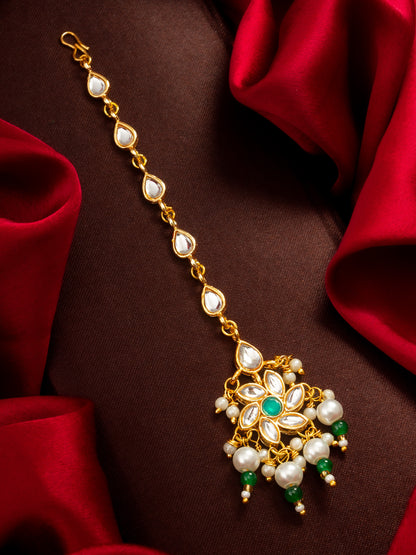 Aadita Gold Plated Teardrop Kundan Chain Mangtika with Flower Pendant and Green Pearl Drops