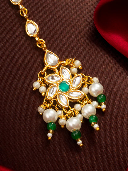 Aadita Gold Plated Teardrop Kundan Chain Mangtika with Flower Pendant and Green Pearl Drops