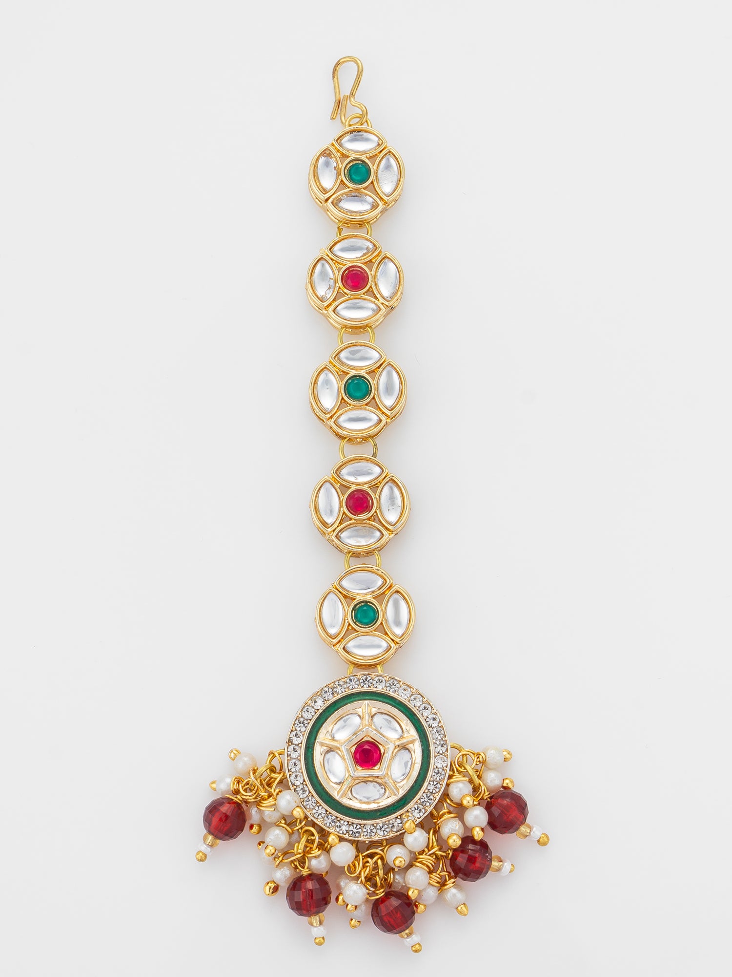 Aadita Gold Plated Linked Kundan Medallion Chain Mangtika with Circular Meenakari Pendant and Garnet Bead Fringe