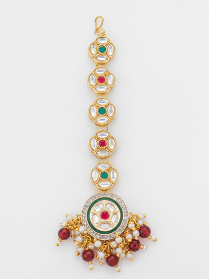 Aadita Gold Plated Linked Kundan Medallion Chain Mangtika with Circular Meenakari Pendant and Garnet Bead Fringe