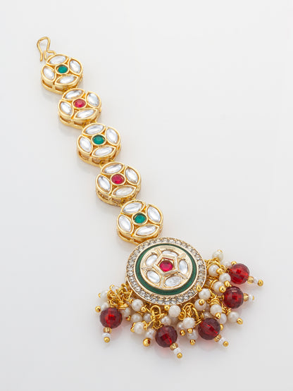 Aadita Gold Plated Linked Kundan Medallion Chain Mangtika with Circular Meenakari Pendant and Garnet Bead Fringe