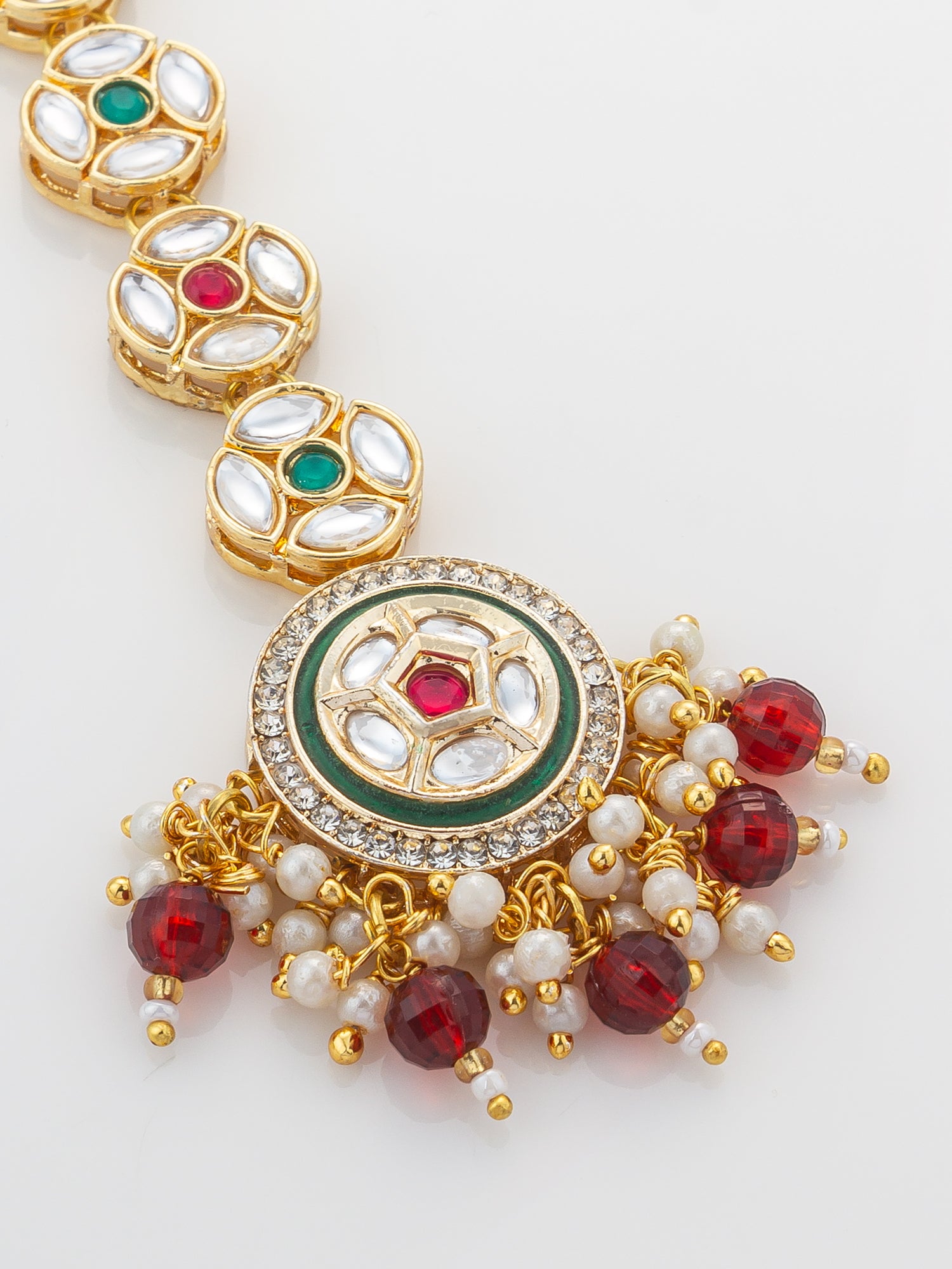 Aadita Gold Plated Linked Kundan Medallion Chain Mangtika with Circular Meenakari Pendant and Garnet Bead Fringe