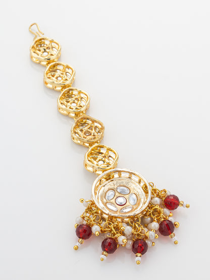Aadita Gold Plated Linked Kundan Medallion Chain Mangtika with Circular Meenakari Pendant and Garnet Bead Fringe