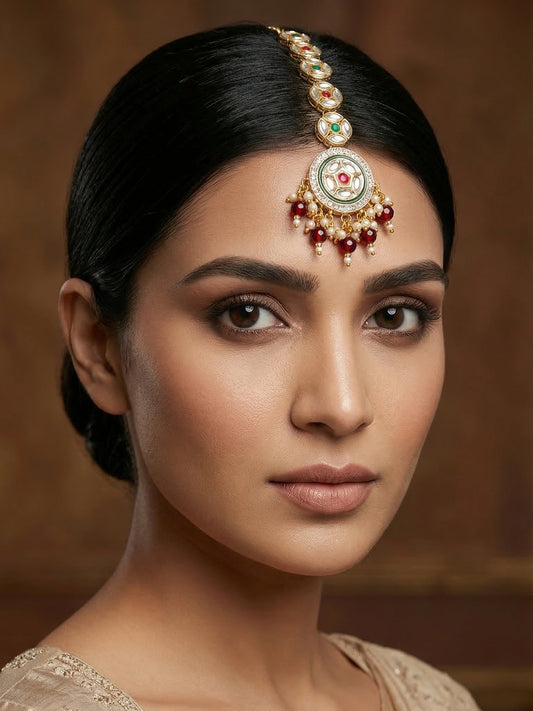 Aadita Gold Plated Linked Kundan Medallion Chain Mangtika with Circular Meenakari Pendant and Garnet Bead Fringe