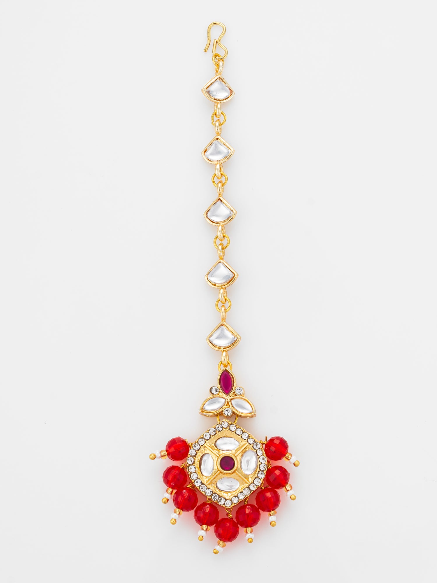 Aadita Gold Plated Half-Moon Kundan Chain Mangtika with Hexagonal Pendant and Red Bead Fringe