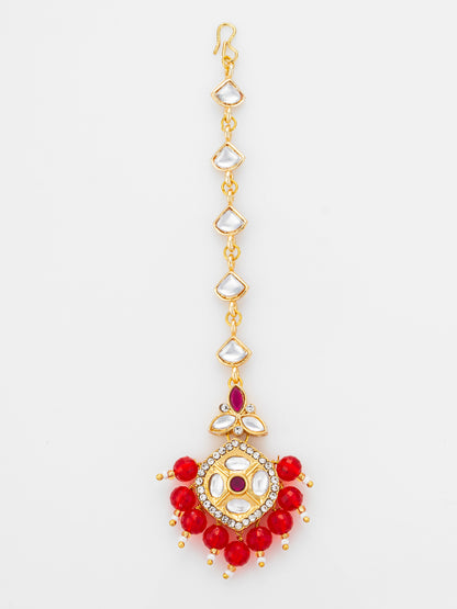 Aadita Gold Plated Half-Moon Kundan Chain Mangtika with Hexagonal Pendant and Red Bead Fringe