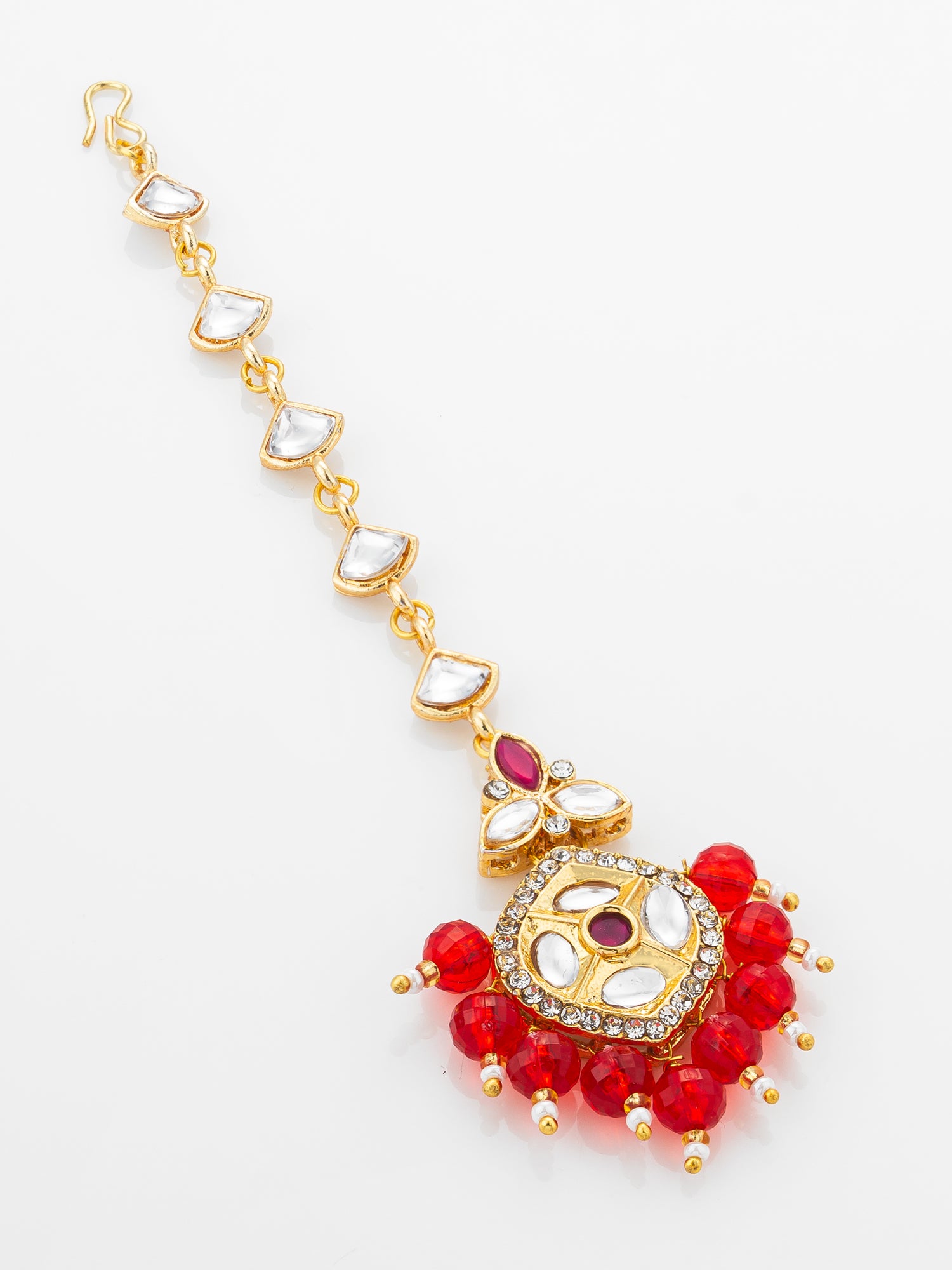 Aadita Gold Plated Half-Moon Kundan Chain Mangtika with Hexagonal Pendant and Red Bead Fringe