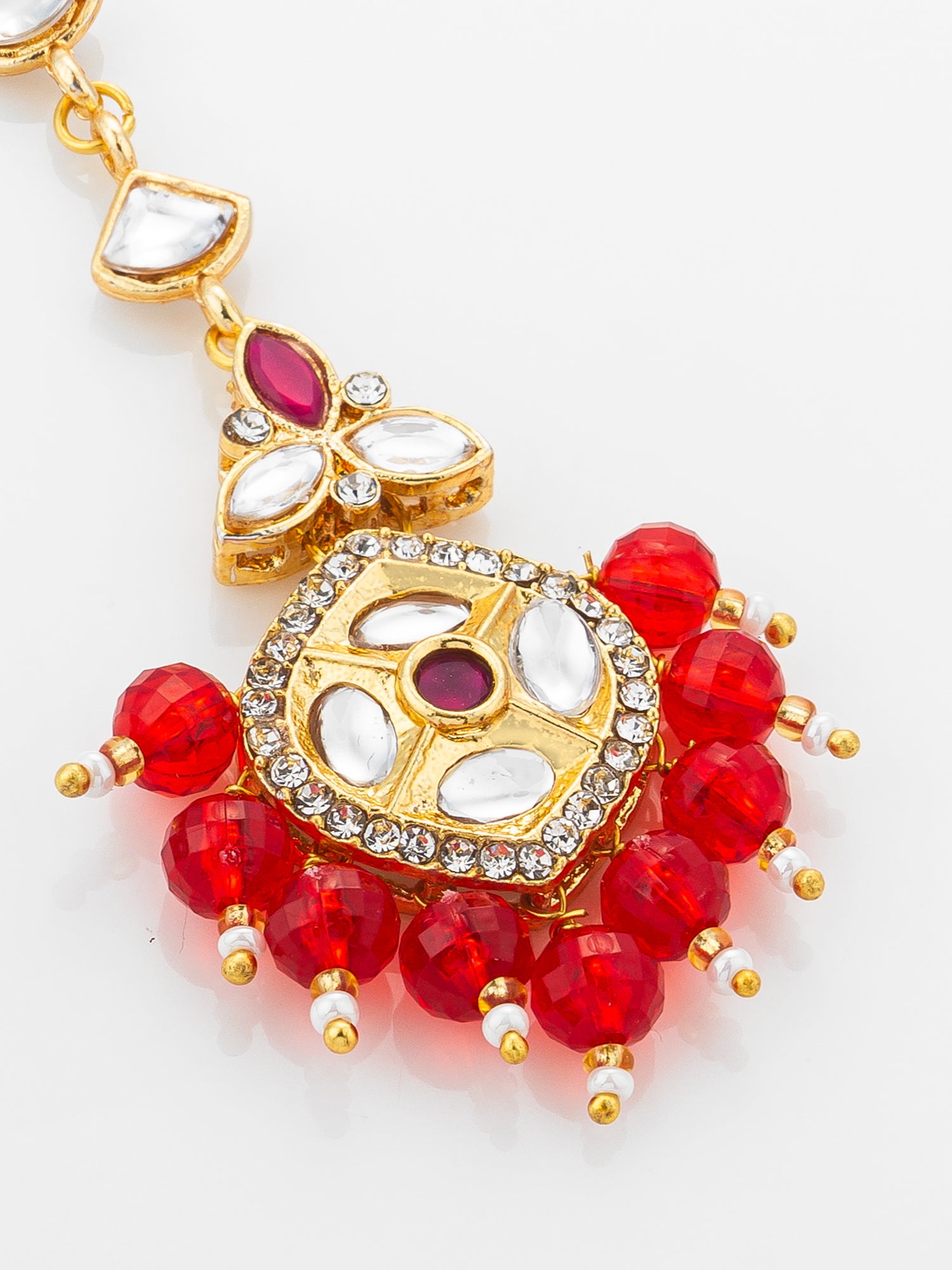 Aadita Gold Plated Half-Moon Kundan Chain Mangtika with Hexagonal Pendant and Red Bead Fringe