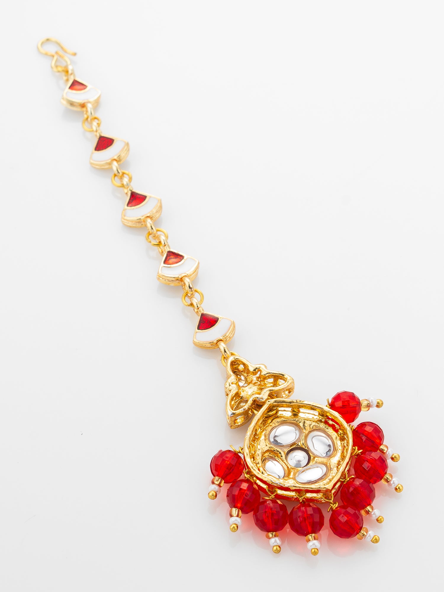Aadita Gold Plated Half-Moon Kundan Chain Mangtika with Hexagonal Pendant and Red Bead Fringe