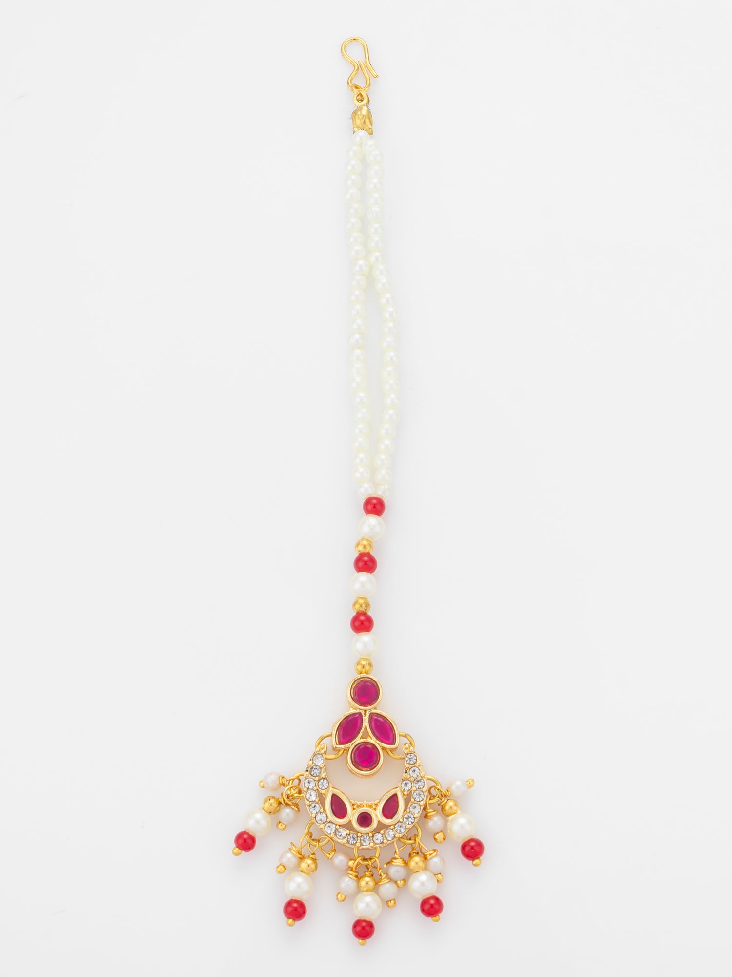 Aadita Gold Plated Ruby Stone Flower Pendant Mangtika with Pearl and Red Bead Chain