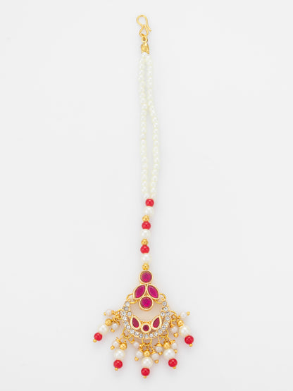 Aadita Gold Plated Ruby Stone Flower Pendant Mangtika with Pearl and Red Bead Chain