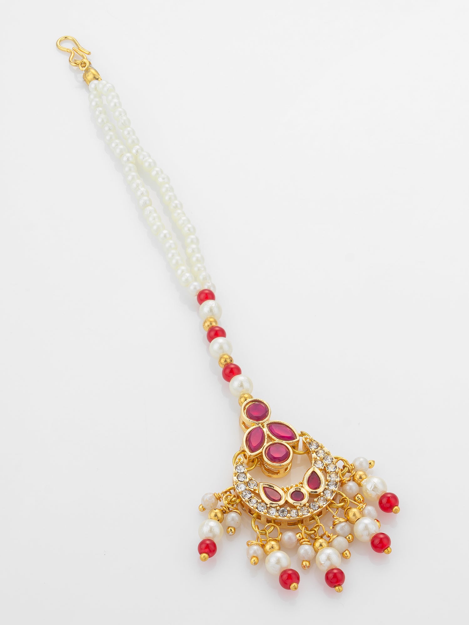 Aadita Gold Plated Ruby Stone Flower Pendant Mangtika with Pearl and Red Bead Chain