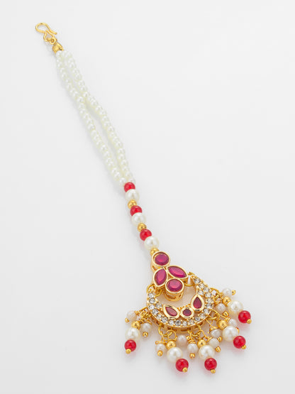 Aadita Gold Plated Ruby Stone Flower Pendant Mangtika with Pearl and Red Bead Chain