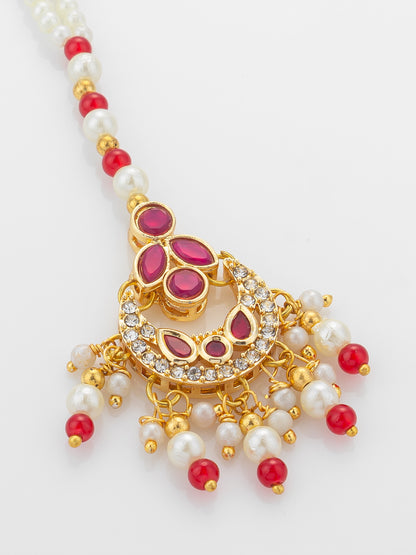 Aadita Gold Plated Ruby Stone Flower Pendant Mangtika with Pearl and Red Bead Chain