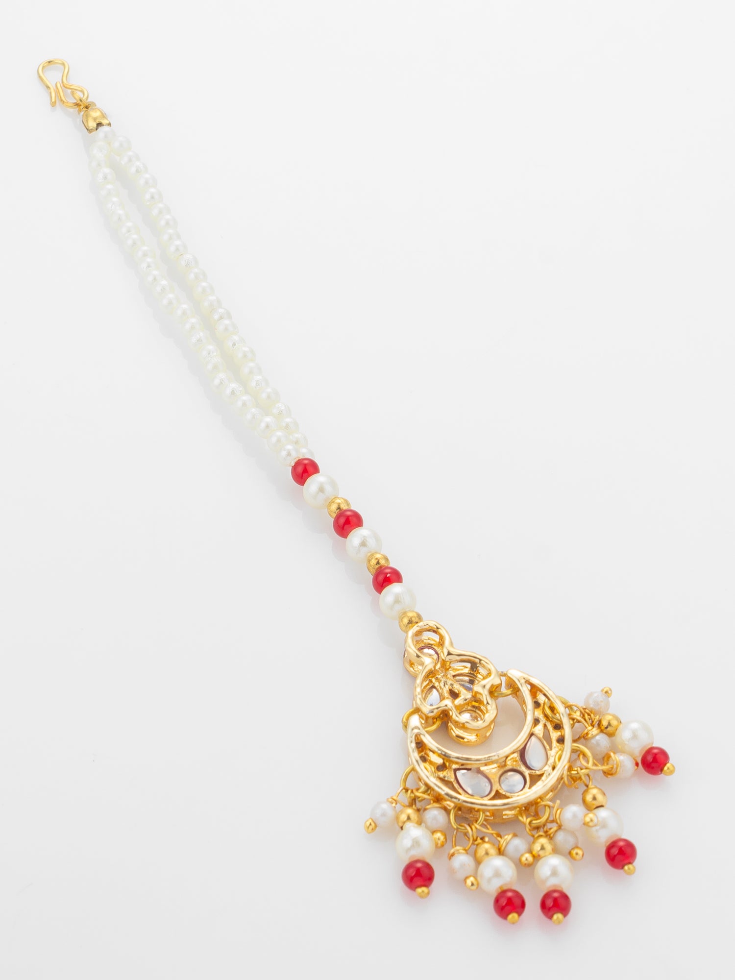 Aadita Gold Plated Ruby Stone Flower Pendant Mangtika with Pearl and Red Bead Chain